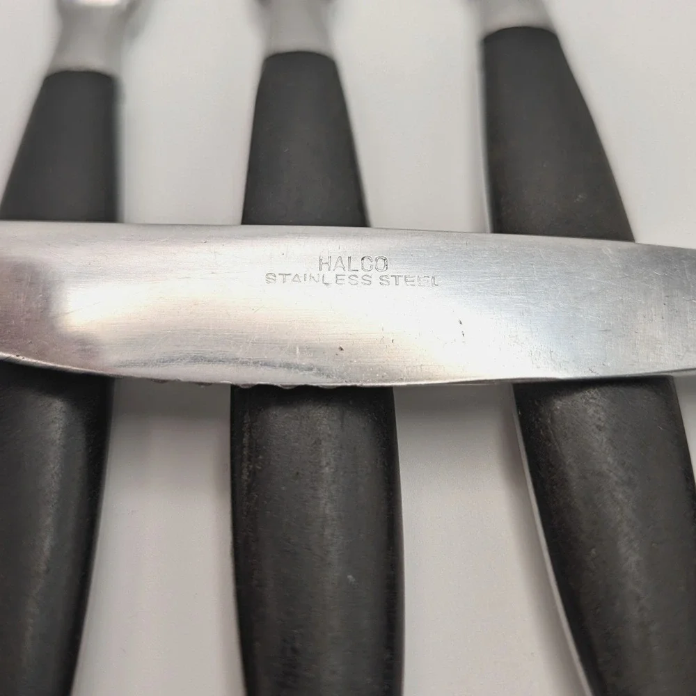 Halco Steak Knives Set of 6 Vintage Stainless Japan Black Handle MCM Full Tang
